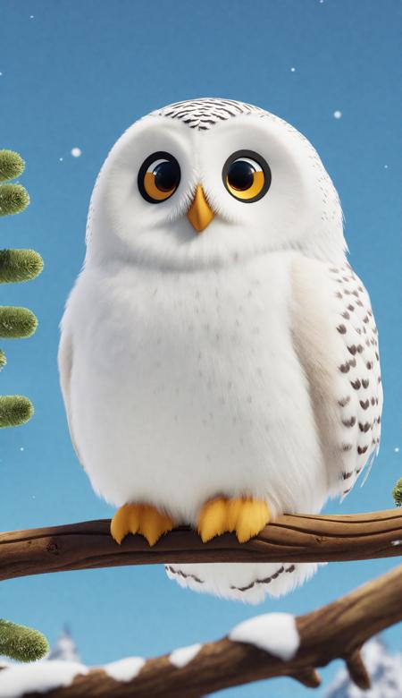 cinematic photo, an snowy owl in party animals style, standing on a branch of tree, clear and blue sky. 35mm photograph, film, bokeh, professional, 4k, highly detailed <lora:PartyAnimals_1.1:1>