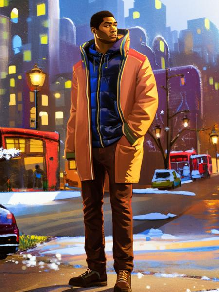 digital illustration, full body, bloom, film grain, facing viewer,  extremely handsome, African American male, city background, smooth, cinematic lighting, (winter streetwear:1.5), detailed eyes, (masterpiece, best quality, high detail, high quality:1.5)