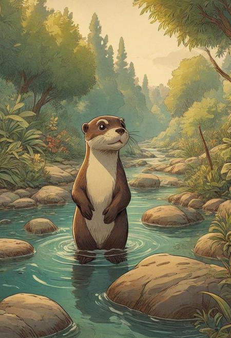 Cartoon otter, swimming, playful, quirky, 1940's cartoon, vintage cartoon, beautiful, detailed, outdoor creek