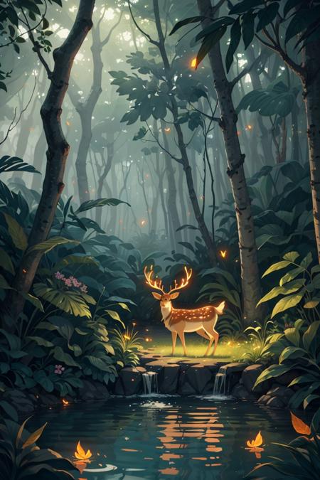 (Masterpiece, best quality:1.2), (best illustration), (best shadows), glow sprite, with a glowing deer, in the swimming pool Drinking water, natural elements in the forest theme. Mysterious forest, beautiful forest, nature, surrounded by flowers, delicate leaves and branches surrounded by fireflies (natural elements), (jungle theme), (leaves), (twigs), (fireflies), (particle effects) etc. 3D , Octane rendering, ray tracing, super detailed