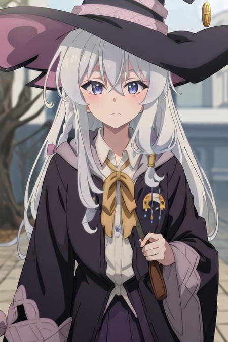 best quality, masterpiece, highres, solo, {elaina_majonotabitabi:1.15}, long_hair, bangs, hair_between_eyes, blue_eyes, closed_mouth, grey_hair, bow, white_hair, hat, witch_hat, black_headwear, purple_eyes, 1girl, blue_sky, braid, collared_shirt, day, outdoors, shirt, sky, white_shirt, anime_coloring, hair_bow, pink_bow, portrait, ahoge, blurry, looking_at_viewer, single_braid, tree, blurry_background, ribbon, yellow_ribbon