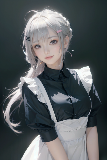 1girl, solo, slender, silver hair, multicolored hair, long hair, flipped hair, folded ponytail, blunt bangs, antenna hair, pink eyes, smirk,
boyish clothes, maid, hairclip