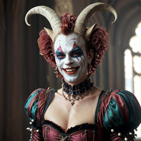 jester, 1boy, solo, smile, long sleeves, upper body, earrings, horns, teeth, puffy sleeves, necklace, grin, head tilt, makeup, facial mark, juliet sleeves, facing viewer, corset, fake horns