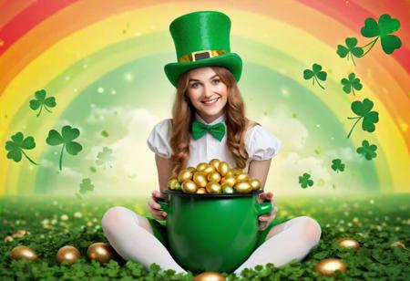 Cute, female, human, white and green Leprechaun. Top hat, pot of golden easter eggs, rainbow background. Field of four leaf clovers.