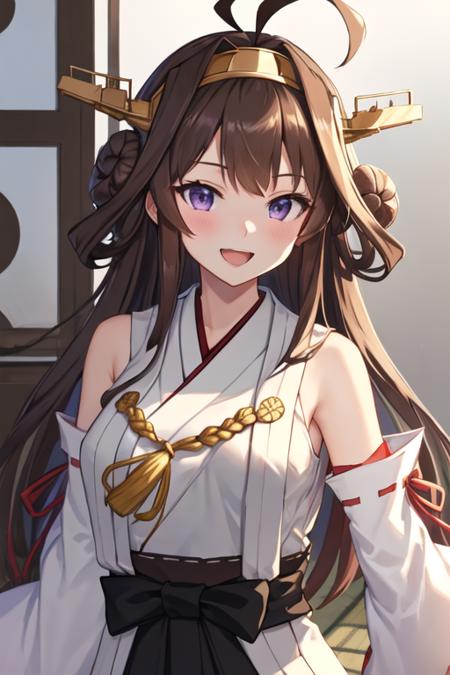 best quality, masterpiece, highres, solo, {kongou_kantaicollection:1.15}, brown_hair, long_hair, ahoge, hairband, hair_bun, double_bun, headgear, smile, nontraditional_miko, purple_eyes, open_mouth, 1girl, detached_sleeves, japanese_clothes, looking_at_viewer, ribbon-trimmed_sleeves, ribbon_trim, upper_body