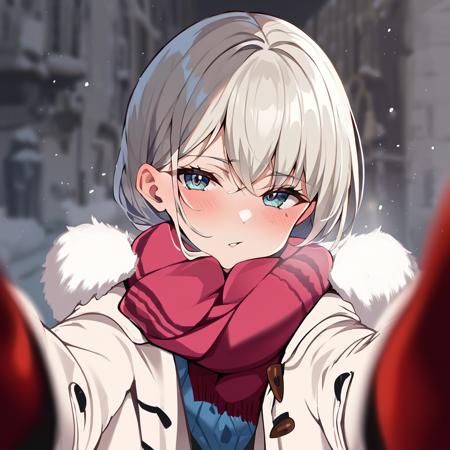 scarf,looking at viewer,blush,winter clothes,coat,blurry,pov,