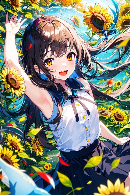 multicolored, 1girl, long_hair, floating_hair, open_mouth, solo, yellow_flower, smile, fish, white_flower, :d, colorful, orange_\(fruit\), orange_slice, burning, orange_eyes, shirt, autumn, sleeveless, bubble, bare_shoulders, autumn_leaves, armpits, skirt, bangs, looking_at_viewer, sunflower, petals, water, fire, orange_flower, flower <lora:style_MikaPikazo:1>