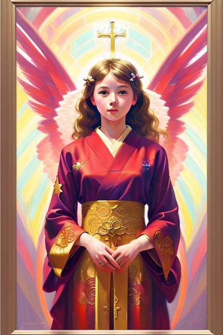 a girl in a red kimono, angelical,wings