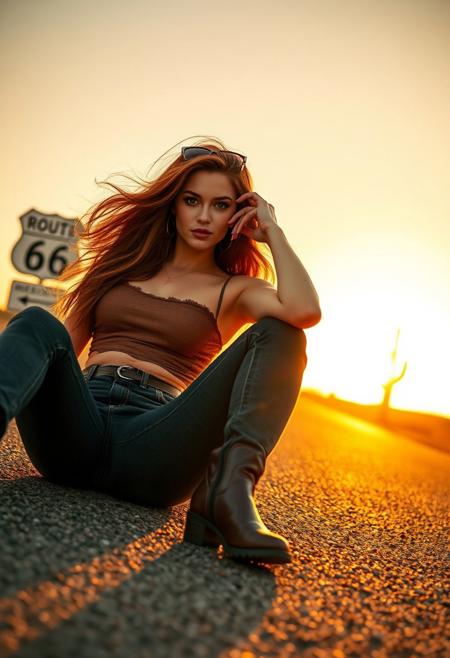 A young Irish woman, 25 years old, with flowing auburn hair, semi-reclining on Route 66 at sunset. She wears a cropped top that accentuates her ample curves, exuding a vintage yet alluring vibe. Tight jeans contour her figure, with one leather boot visible as she lounges languidly on the road. The warm light of the setting sun casts a golden glow over her, highlighting her skin with a soft radiance. Her expression is a mix of mystery and seduction. Surrounding her are details of the deserted road, including an old Route 66 sign and a cactus in the distance, adding to the scene's rugged charm. Shot from a slight low angle to emphasize her presence against the open sky, the lighting enhances her captivating silhouette, drawing focus to her in this vast, open landscape.