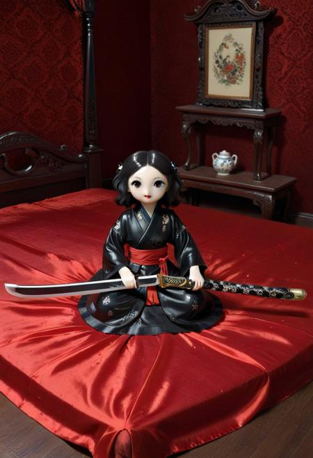 score_9, score_8_up, score_7_up, score_6_up, cartoon, ,CreepyCuteMagical , 
ceramic katana, laying on red silk dress, 
victorian bedroom background,
, dark theme,