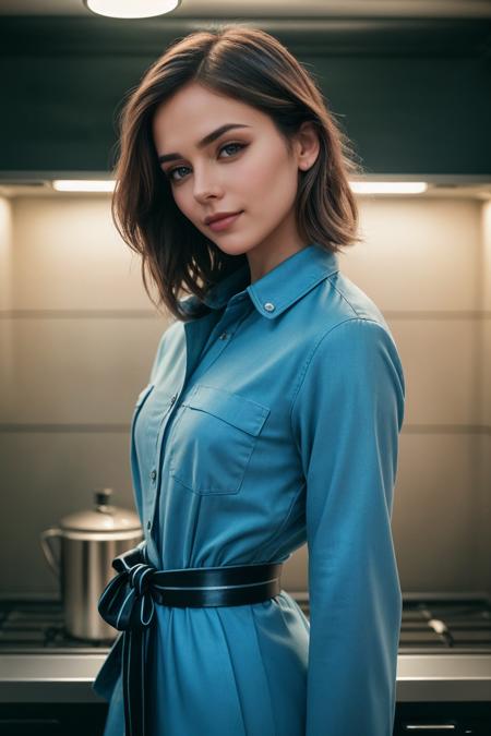 photo of (EPS3l4B4yM1l3s:0.99), closeup portrait, perfect hair, (modern photo, Classic button-up shirts), 24mm, (analog, cinematic, film grain:1.3), (([cryogenic stasis chamber, refrigerator,cups/glasses,oven/stove,magic cauldron,ceiling light, ghiordes knot tapestry,cork flooring,gabbro stone, sunlight through windows,fireplace, neon lights, decopunk, sci-fi| town, suburbs], gradient:1.1)), ((detailed eyes)), ((eyeliner, long lashes)), (epicPhoto), long eyelashes, (perfect waist), (painted lips)