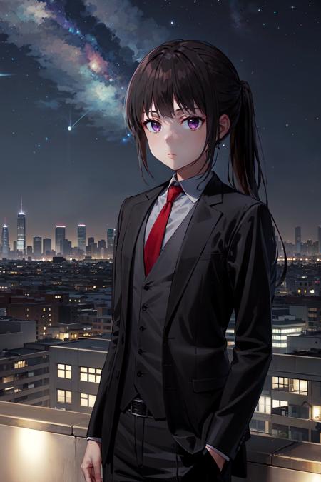 (masterpiece, best quality:1.4), looking at viewer, expressionless, cowboy shot, takina inoue, black hair, ponytail, sidelocks, purple eyes, black suit, black pants, red necktie, rooftop, night, skyline, starry sky, <lora:takina_inoue_v1:0.8>