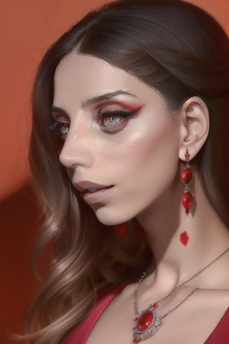 lora_sarafyan_girl,  <lora:lora_sarafyan_girl_01:1>, a woman with a red dress and a necklace, red eyeshadows, with symmetrical facial features, medium closeup,