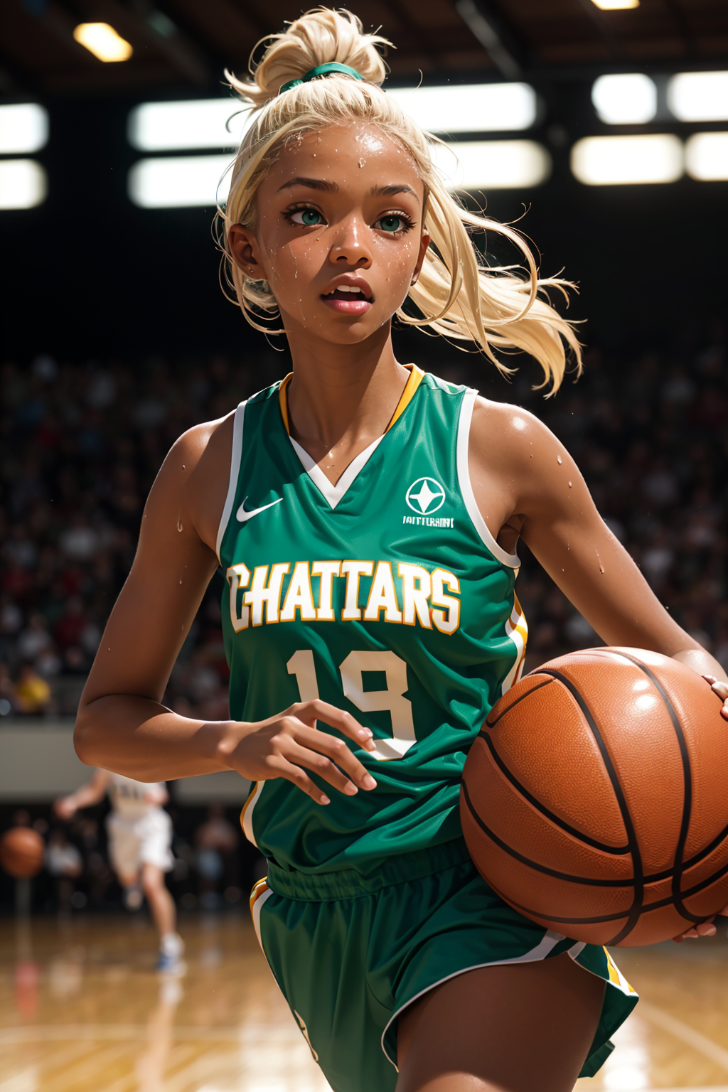 fantastic realism, bokeh,  ultra detailed, 1girl, blond with (dark skin), green eyes, running, playing basketball, sweat, ...