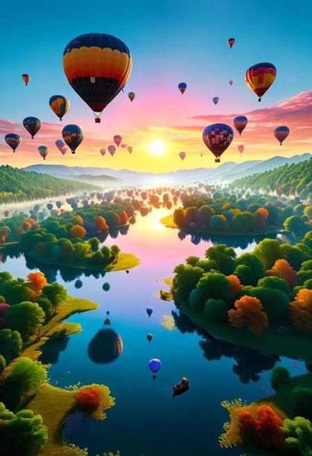 Create an extraordinary, vibrant serene lake landscape filled with colorful hot air balloons soaring in the sky. Imagine the scene with the highest quality, ultra-detailed and realistic, capturing the magic of a perfect day. The sky is a brilliant gradient of deep blue transitioning to warm hues of orange and pink at the horizon, with the sun casting a golden glow over the calm, reflective waters of the lake and the surrounding lush, green forests. The hot air balloons come in all shapes and sizes, adorned with intricate patterns and vibrant colors that pop against the sky. Rendered in 8K resolution, the scene should be a stunning, immersive masterpiece that transports the viewer to this fantastical world.