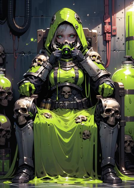 (1girl) (digital) (sitting on throne in detailed sewer, (power armor, armor, skull, tube, shaded eyes, slime, canister, hood up, glowing eyes, green eyes, dirty grimy rotting, toxic gas)) , best quality, <lora:boldline:0.2>  <lora:hairdetailer:0.2>  plaguemarine <lora:plaguemarine:1>