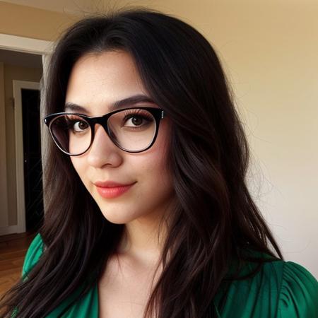 1girl, Greek, big beautiful dark green eyes with long eyelashes, long red dress, pretty face, long black hair, sensual lips, no makeup, glasses