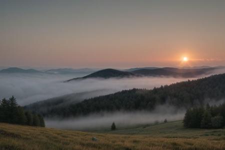 raw photo, a sunset landscape, Carpathian mountains valley temperate forests, Poland forest,  cozy, photorealistic, high detailed texture, 8k uhd, dslr, soft lighting, high quality, film grain, Fujifilm XT3, Sony A7 IV, highly detailed photography, (muted colors, cinematic, dim colors, soothing tones:1.2), vibrant, insanely detailed, hyperdetailed, (dark shot:1.2), (vsco:0.3), (intricate details:0.9), (hdr, hyperdetailed:1.2) (highest coherency: 1.39) (highest quality: 1.39) (rule of Thirds) (award winning) (breathtaking) (masterclass) (vibrant color: 0.79) (foggy: 1.29) (distant ruined chapel distant hillside)