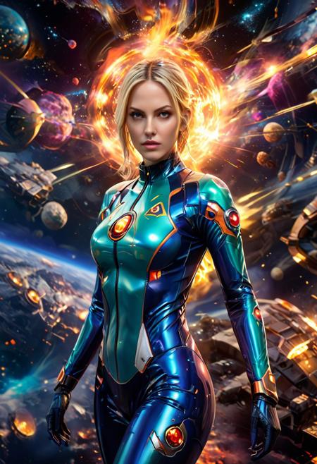 (((score_7_up, score_8_up, score_9, masterpiece, best quality, better quality,))),(perfect face;perfect), PsychadelicChaos, chaos, 1 girl, solo, Samus aran, Zero suit, space, exploding planets in background, chaos, armagedon, fire background, morph, psychadelic
