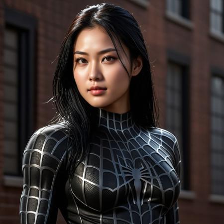 score_9, score_8_up, score_7_up, best quality, realistic, masterpiece, beautiful detail, hyperrealistic, night, ((1girl, woman body, large breast)), amazing detailed full body of a cute korean girl, wearing a realistic and highly detailed black raimi spider-man suit, ((defined muscular girl)), professional model wears ultra - detailed black raimi spider - man suit, ultra - detailed and grained black raimi spiderman suit, suit covered entire body and hand, black spiderman gloves, wet, (black hair, attraction, light smile, dark skin), close up, octane render, highly detailed, volumetric, dramatic lighting, (highest quality:1.1), (HDR:1.3), (top quality, best quality), realistic, high definition, sharp contrast between light and shadow, athletic and fit physique, highly detailed and accurate portrayal, photorealistic rendering, tense and alert atmosphere cinematic scene, cinematic lighting, intricate detail skin and facial texture, lifelike expression, accurate character design, interesting and complex background details,