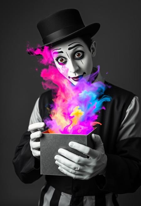 "Image of a mime, dressed in traditional black and white attire, opening a small mysterious box. The entire scene is rendered in black and white, with no hint of color anywhere. But as the mime lifts the lid of the box, a burst of vibrant, beautiful colors erupts from within. The colors are a riotous mix of pinks, blues, yellows, and greens, swirling and dancing in the air like a living thing. The mime's face is a picture of surprise and wonder, their eyes wide with amazement as they gaze at the colors that should not exist in this monochrome world. Style: surreal, dreamlike, and fantastical, with a focus on capturing the mime's shock and delight at the unexpected burst of color." Absurdres Highest-Quality, 4k
