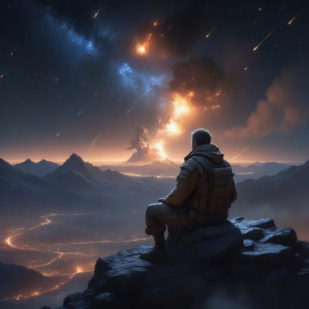 lonely man sitting on a mountain looking at the sky, stars and the milky way in a night sky, sharp focus, emitting diodes, smoke, artillery, sparks, racks, system unit, motherboard, by pascal blanche rutkowski repin artstation hyperrealism painting concept art of detailed character design matte painting, 4 k resolution blade runner