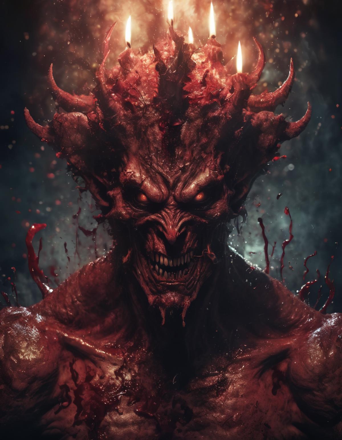 Horrific Demon with Horns, Blood, and Fire in a Dark Setting