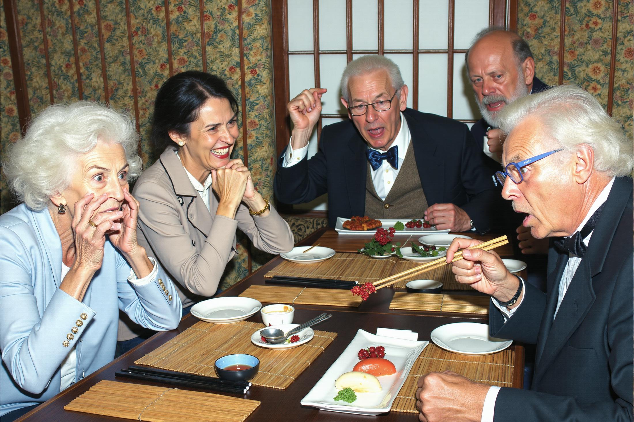 A low quality snapshot posted to Facebook and Twitter captures the horrified moment a group of caucasian American 100-year-old great-great-grandparents are introduced to sushi for the first time. The scene is set in a cozy, traditional Japanese restaurant, with low wooden tables adorned with bamboo mats and delicate ceramic dishes. The lighting is provided by the on camera flash of the disposable camera used to take the photo.

The expressions on the great-great-grandparents' faces are  of shock, horror, and disbelief. One elderly white woman, with perfectly coiffed white hair, has both her hands over her mouth, her eyes wide with disbelief as she stares in horror at the platter of sushi. Another white woman, screams in utter horror, unable to comprehend the sight of the raw fish arranged on a plate in front of her.

The men in the group are equally taken aback. One old white man, dressed in a neatly pressed suit and bow tie, leans back in his chair with a look of furious anger, his bushy eyebrows raised as he peers over his glasses at a piece of nigiri and yells. Another white man, with a weathered face furrows his brow in confusion and anger, his wrinkled hands hovering uncertainly over a pair of chopsticks he doesn't quite know how to use.  Everyone is angry and upset and yelling loudly.