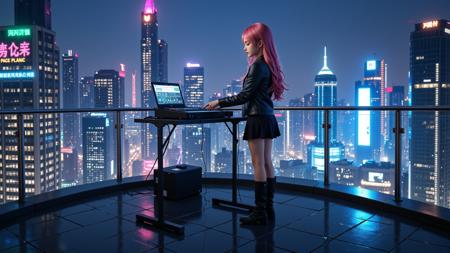 On the rooftop of a skyscraper,there is a small stage where a 20-year-old girl with long pink hair is adjusting the sound equipment. She is wearing a black leather jacket,a black pleated skirt,and black knee-high boots. Surrounding her are towering cyberpunk-style buildings with neon lights and holographic advertisements glowing in the night. The atmosphere is futuristic and immersive,with a mix of deep blues and purples illuminating the cityscape.,<lora:yuukananri-base-02-flux:0.8>,yuukananri,she has a slender physique and a petite build,<lora:aidmaMJ6.1v0.4:0.5>,aidmaMJ6.1,
