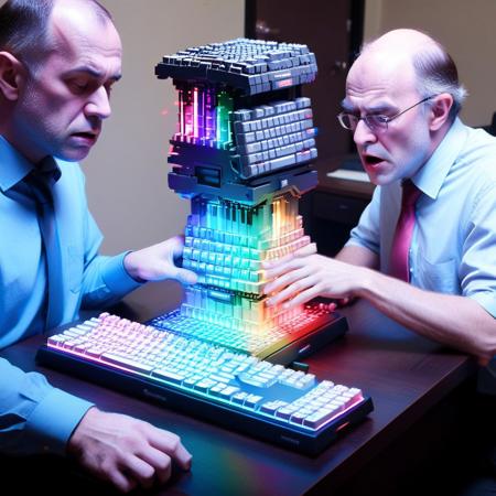 score_9, score_8_up, score_8_up, masterpiece,super detailed face, super high resolution, FaceDetail, masterpiece-level, highly detailed, intricate details, detailed background, complex background, masterpiece, best quality, amazing quality, animated, RGB Keyboard,
"Keyboard Jenga: Office Edition"
Bored coworkers play Jenga with RGB Keyboard keys during a meeting. The "Delete" key is already wobbling. The "Enter" key smugly says, "This is fine," until someone pulls the "Shift" key—the whole tower collapses, and the boss (a grumpy old mechanical keyboard) yells, "WHO TOOK MY CAPS LOCK?!"