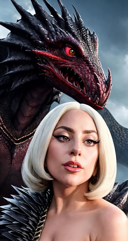 (lady gaga:1.0) face, , beautiful young woman, symmetrical face, , , stimulating,
divine power and beauty a testament to her role as a chooser of the slain, surrealist, with Drogon perched protectively behind her,
best quality, , detailed,