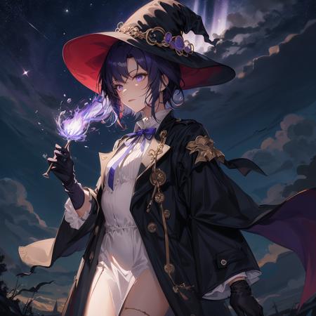 ((masterpiece:1.2, best quality)), 1girl, solo, (witch hat), dark purple hair, short hair, dress, aurora, night, star (sky), gloves, sky, white dress, night sky,  starry sky, dark purple eyes, ribbon, trench coat, hair ribbon, cape, magic, casting spell, dark clouds, night, (art nouveau:1.4), (tarot:1.3), alphonse much,sideburns,(long coat:1.5),toga,robe,cassock,