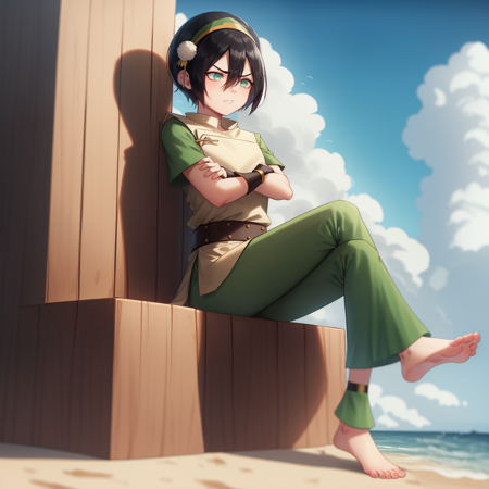 <lora:Toph:1>,
masterpiece,best quality, beach,blue sky,nature,
1girl,solo,black hair,hairband, short hair,hair between eyes,( blind:1.0),green eyes,tunic,green shirt, sash,capri pants, short sleeves,full body, barefoot,  (pelvic curtain:1.1),skinny,short,fingerless gloves,sitting,crossed arms, crossed legs, annoyed,