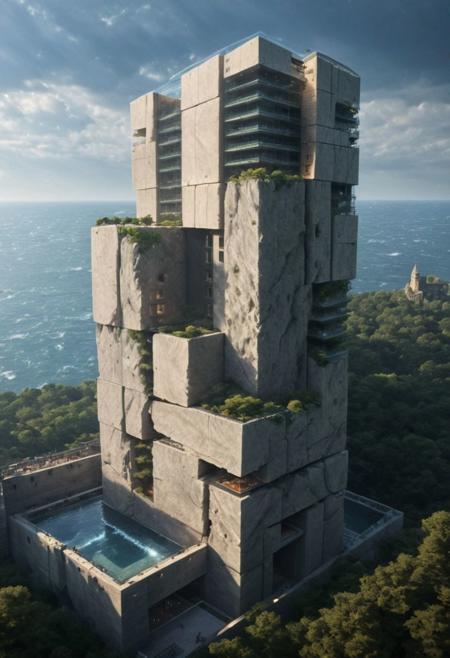 Tower of Babel:1.4, aerial view of an incredibly tall, enchanted renaissance tower made of white to grey limestone, surrounded by ominous woods, rock cliffs, dark fantasy, sunset, architecture, masterpiece, high detail, crisp focus, depth-of-field, (intricate details, masterpiece, best quality:1.3),  (avant-garde, future, reality, science fiction, photorealistic), (modern architecture:1.2), (Philip Johnson:1.2), (Ludwig Mies van der Rohe:1.3), (On the Frozen ocean coast, floating icebergs, half inside the glacier:1.1), (Large Files, Ultra Realistic, 8K, 16k, FHD, HD, VFX, Perfect, Photography, composition, Architecture Sales Photography, Architecture Competition, Ultra High Resolution, Cinematography, High Resolution Image:1.1), (dramatic lighting, direct sunlight, ray tracing, clear shadow:1.1), (magnificent , Abstract Expressionism but extremely beautiful:1.2), [:traffic|windows|railing|stair|balcony|terrace|crowd|Sidewalk|vehicle|trees|equipment| detailed signal_details:0.7], [:marble|granite|lbrick|tile|metal|concrete|glass|foliage_material texture:0.7], (real landscape:1.1), (blurred background:1.0), [buildings|BREAK|trees|BREAK|Crowd|buildings|BREAK|trees|BREAK|Crowd|buildings|BREAK|trees|BREAK|Crowd:0.7], (background, more_details:0.3)
great lighting, extrusionbuilding, clear, vertical, void