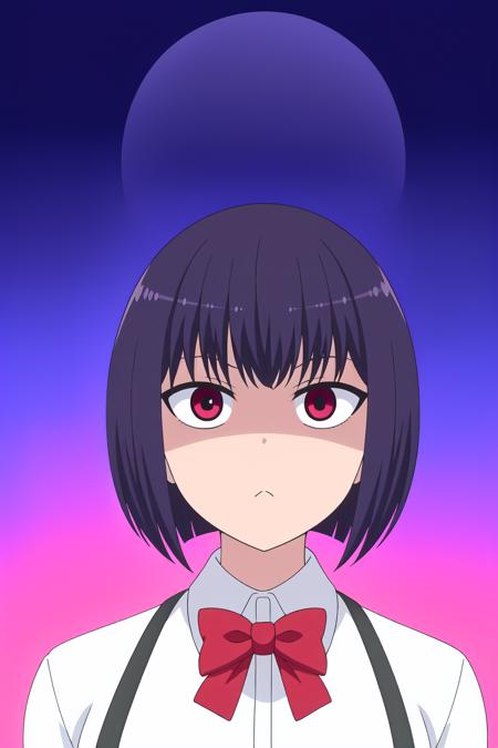 ((best quality)),((highly detailed)),masterpiece,absurdres,detailed face,beautiful face,(detailed eyes, deep eyes),(1girl),((dynamic pose)), <lora:hana:0.7>Hana, 1girl, solo, short hair, bow, looking at viewer, gradient background, gradient, red bow, shirt, purple eyes, bowtie, purple hair, black hair, white shirt, bangs, portrait, red eyes, school uniform, closed mouth, red bowtie, upper body, shaded face, blue background, collared shirt, bob cut, :<, purple background, simple background, suspenders, frown, expressionless, monochrome, white background, jitome