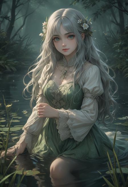 score_9, score_8_up, score_7_up, score_6_up, dynamic, (anime, masterpiece), best quality, (8k), detailed background, sharp focus, intricate, ambient lighting, super high quality, hyper detailed background, cinematic lighting, adult, double tone long hair, medium breasts, verybadimagenegative_v1.3, mature, fantasy, Rusalka, Silvery hair flowing like water in the moonlit lake,Emerald eyes sparkling beneath the surface,Delicate dress woven from river reeds and flowers,Vivid green scales adorning her hands and feet, hinting at her aquatic nature,Soft, haunting song echoing through the misty air,eerie smile as she beckons from the water's edge,Reflections of past lives shimmering on the water's surface