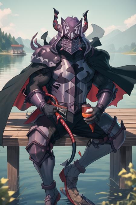 (masterpiece, top quality, best quality, beautiful, and aesthetic:1.2) berserk3r, 1boy, male focus, full body, low wings, black cape, fishing at the lake <lora:berserk4-000010:.9>