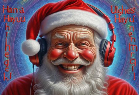 Santa Claus with a crazy ugliness smile.  headphones on head
. the inscription on the screen “НАДЕНЬ НАУШНИКИ” the text of the inscription seems to flow. ugliness. in the style of Alex Grey's visionary art.