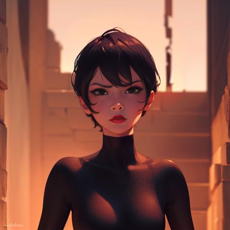 Ashi , short black hair, pointy hair, red lipstick,black eyes, standing, upper body, serious expression,
Asui,black bodysuit,skin tight,
dark caves, red lighting, dark corners,
(insanely detailed, beautiful detailed face, masterpiece, best quality)
<lora:Ashi:0.8>