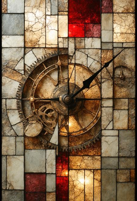 Construct a photorealistic depiction of a colossal, ancient clockwork mechanism, fractured into stained-glass planes. Multiple perspectives collapse into a single, complex composition, with gears, levers, and springs rendered as geometric shards radiating a soft, internal glow. The color palette employs deep bronze, aged ivory, and saturated ruby red, highlighting intersecting lines and fragmented forms. Integrate subtle photorealistic details within each glass fragmentâthe etching of numerals, the texture of aged metalâto create a compelling blend of abstract geometry and tangible history, evoking a sense of grand, decaying machinery.