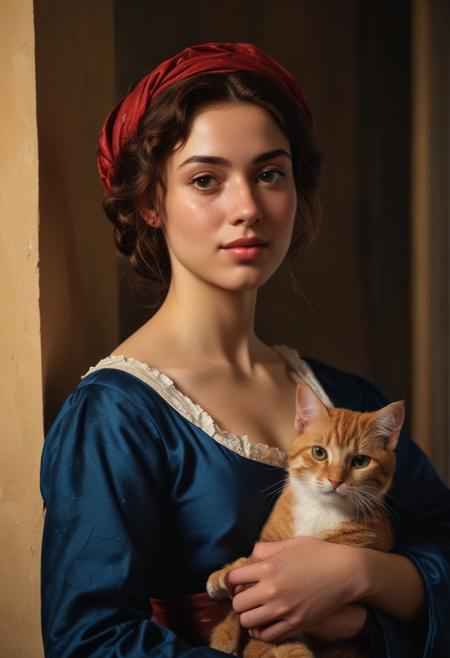 (((masterpiece, perfect Caravaggio's closeup portrait of a very beautiful girl, subtle smiling, with light skin imperfections and some freckles))). She's petting a cute red kitten on her laps. Inside an ancient noble Roman house of 1700 with rich furniture and curtains. Twilight warm and calm atmosphere. Precious blue colored fabrics for her elegant outfit.
Wide angle lens, ((low angle shot)), ((full figure shot)), perfectly detailed scene, extreme realism.
((Carachters illuminated only by warm soft candle light, dark shadows)), artistic framing, low saturation, low contrast, ((soft focus)).