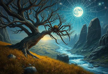 upon the tree of life in the mana field along the river of dreams that flows into the cave of wonder and amazement on the prime globe of the obsidian flats in the old arkanus system if it hasn't been sucked into a black hole there hangs a tapestry of spiderwebs where fate is woven into time and the three spiders who make their home their are contrary to most telling rather friendly tho fae mooded say the least