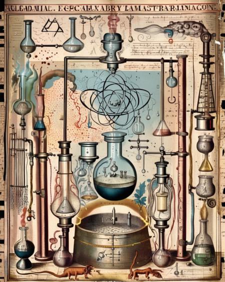 A faded illustration depicts an alchemist's laboratory, filled with intricate apparatus and vessels, conveying the meticulous nature of alchemical experimentation:1.6, faded illustration:1.2, alchemist's laboratory:1.2, intricate apparatus:1.1, vessels:1.1, meticulous nature:1.1, alchemical experimentation:1.1. , alchemy:2<lora:Alchemy_sdxl:1.0>