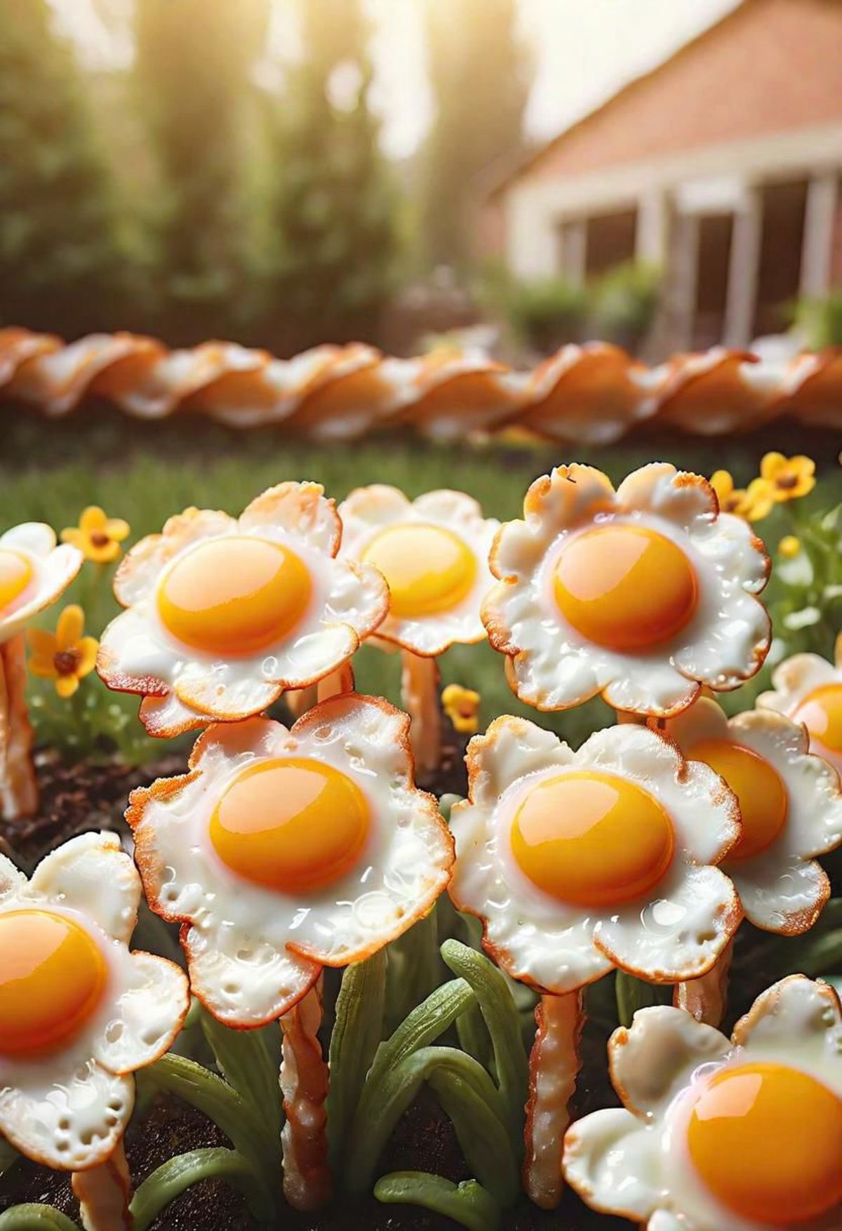 A garden of fake sunny side up eggs on sticks.