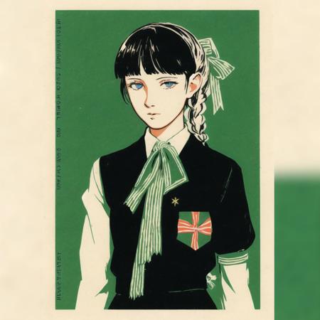 <lora:soviet_matchbox_art_b-db:1>, soviet_matchbox_art, stamp, russian text, halftone, 

1girl, bangs, black gloves, black ribbon, black serafuku, blue eyes, braid, elbow gloves, gloves, green hair, green neckerchief, hair between eyes, hair flaps, hair ribbon, neckerchief, parted bangs, ponytail, ribbon, school uniform, serafuku, side braids, sidelocks, solo, twin braids, upper body, wrist cuffs