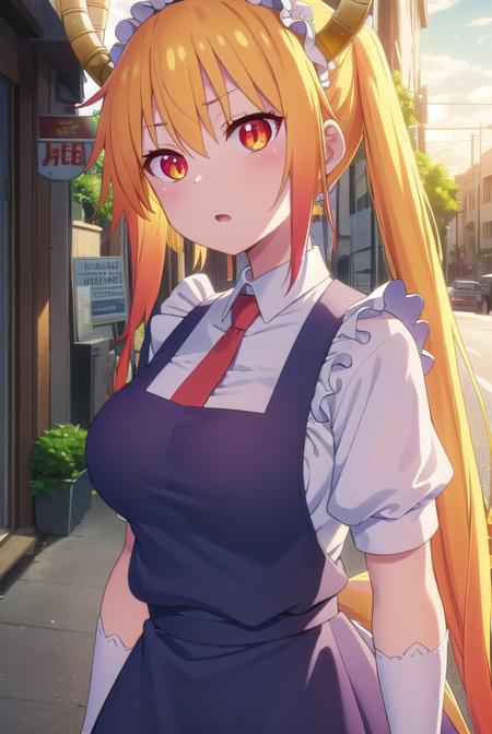 dragontohru, <lora:dragon tohru s2-lora-nochekaiser:1>, 
tohru, tohru \(maidragon\), long hair, bangs, blonde hair, hair between eyes, twintails, very long hair, multicolored hair, horns, fang, gradient hair, dragon horns, (red eyes:1.3), (slit pupils:1.5),
BREAK gloves, dress, tail, short sleeves, necktie, white gloves, maid, maid headdress, dragon girl, dragon tail, scales, large tail,
BREAK outdoors, sun, sky, clouds, city,
BREAK looking at viewer, (cowboy shot:1.5),
BREAK <lyco:GoodHands-beta2:1>, (masterpiece:1.2), best quality, high resolution, unity 8k wallpaper, (illustration:0.8), (beautiful detailed eyes:1.6), extremely detailed face, perfect lighting, extremely detailed CG, (perfect hands, perfect anatomy),