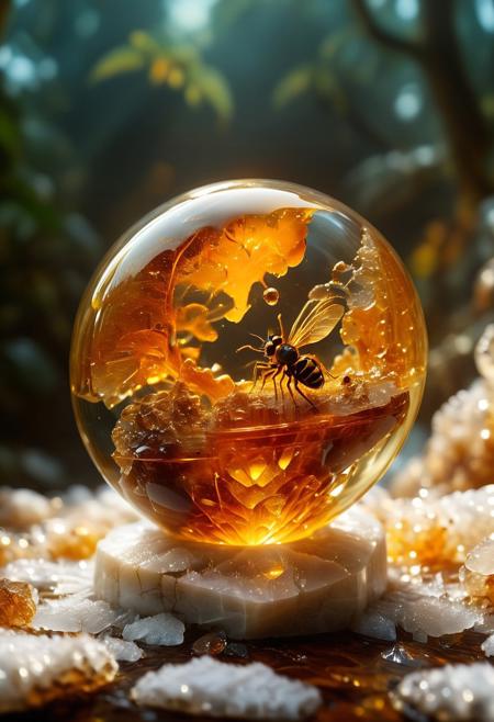 improved cinematic photo, 35mm photograph, film, professional, 4k, highly detailed,
An amber fragment enclosing a snow globe,
The amber fragment is a smooth, slightly irregular sphere, roughly the size of a marble, with a warm golden-brown hue. Its surface is polished, gleaming softly under light, revealing a mesmerizing play of golden, honey, and orange tones. Tiny air bubbles and organic inclusions are scattered throughout, lending it a sense of antiquity and natural complexity.
Inside, a perfectly preserved Human Heart lies suspended in time, its delicate body encased in the translucent amber.
Around the Human Heart, subtle striations and minute organic fragments, possibly plant material or dust, create a vignette that frames the insect. The amber’s clarity varies in places, with some sections slightly cloudy, further accentuating the Human Heart as the focal point. The fragment feels timeless, a tiny time capsule offering a glimpse into a prehistoric world millions of years ago