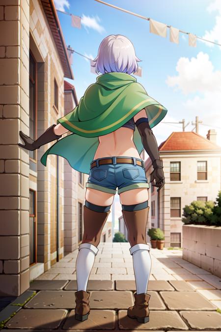 Chris 
<lora:ChrisV1:0.7>
1girl, boots, brick_wall, building, cape, city, cloak, elbow_gloves, facing_away, from_behind, gloves, house, rooftop, short_hair, shorts, solo, stone_floor, thighhighs, white_legwear