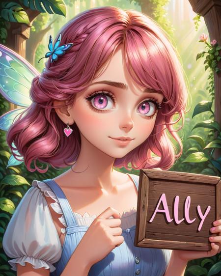 photo of an beautiful fairy holding a wooden sign that says "ALLY" in sparkling pink letters, adorable, pink hues, brown hair and eyes, 8k, high quality, shallow depth of field <lora:add-detail-xl:0.8>, (Studio ghibli style, Art by Hayao Miyazaki:1.2), Anime Style, Manga Style, Hand drawn, cinematic sensual, Sharp focus, humorous illustration, big depth of field, Masterpiece, concept art, trending on artstation, Vivid colors, Simplified style, trending on ArtStation, trending on CGSociety, Intricate, Vibrant colors, Soft Shading, Simplistic Features, Sharp Angles, Playful, (Cartoon caricature:1.3), cute as a Pixar Disney character, caricature, cute