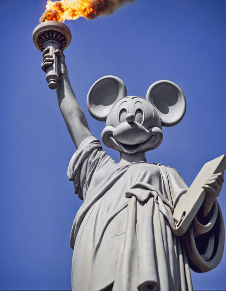 the statue of liberty with mickey mouse head, grey-green color, detailed, deep focus, excellent composition, cinematic atmosphere, dynamic dramatic fiery colors, aesthetic, very inspirational, glowing, thought, epic, stunning, royal, brilliant, intricate, highly decorated, extremely complex, cool, futuristic, fascinating, inspiring, noble, surreal, beautiful, breathtaking, creative, awesome